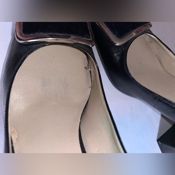 Vintage Nine West black fur silver buckle block Whimsigoth slip on heels Sz 8 - Picture 4 of 15